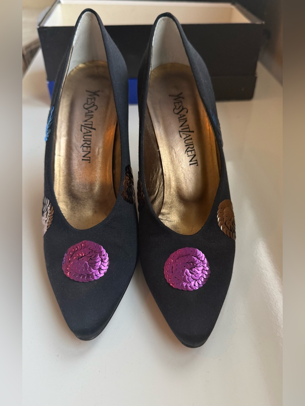 Yves Saint Laurent Black Satin Pumps with Blue and Gold Sequin Medallions - Picture 2 of 13